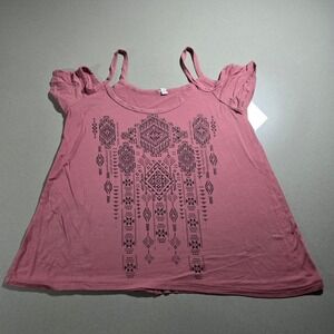 Liberty Wear Womens Mauve Cold Shoulder Tribal Graphic‎ Rhinestone Top 2XL